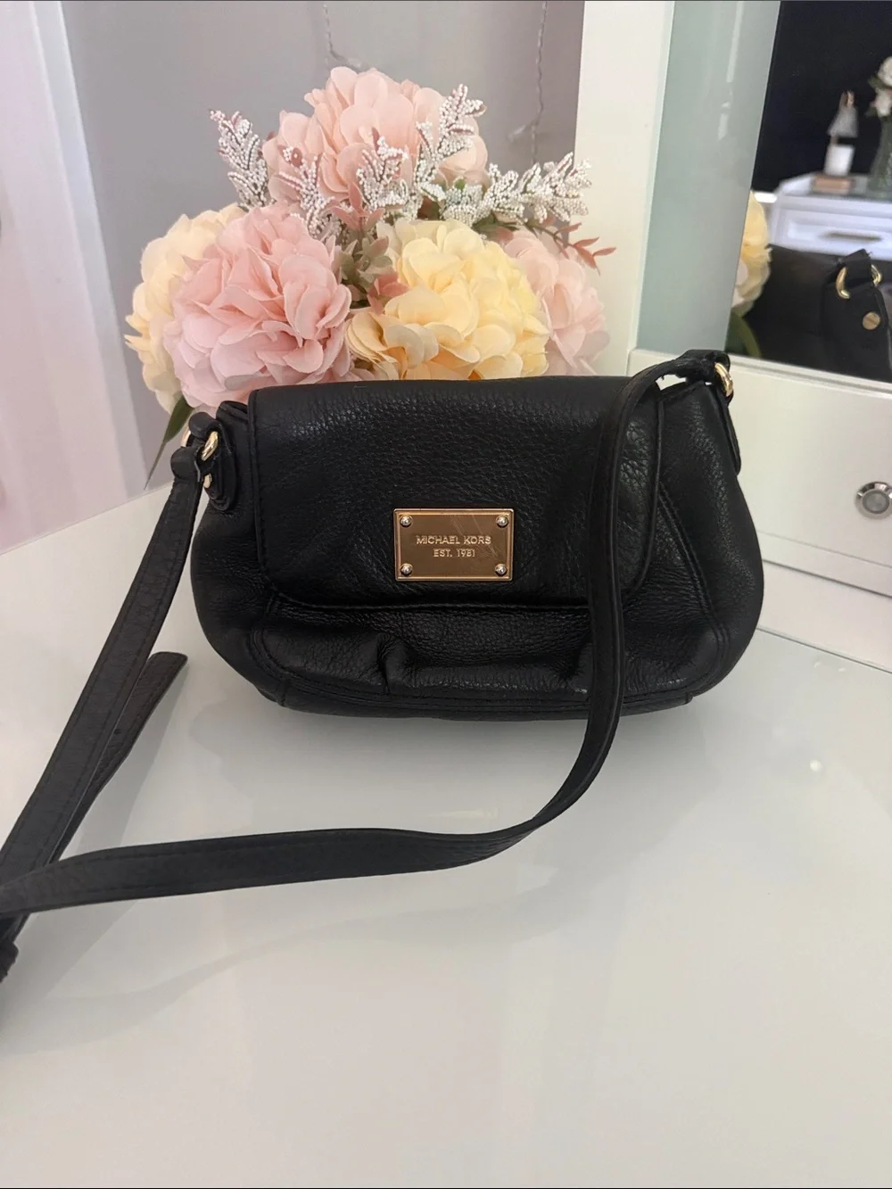 Michael Kors Black Pebbled Leather Small Crossbody with Gold Plaque
